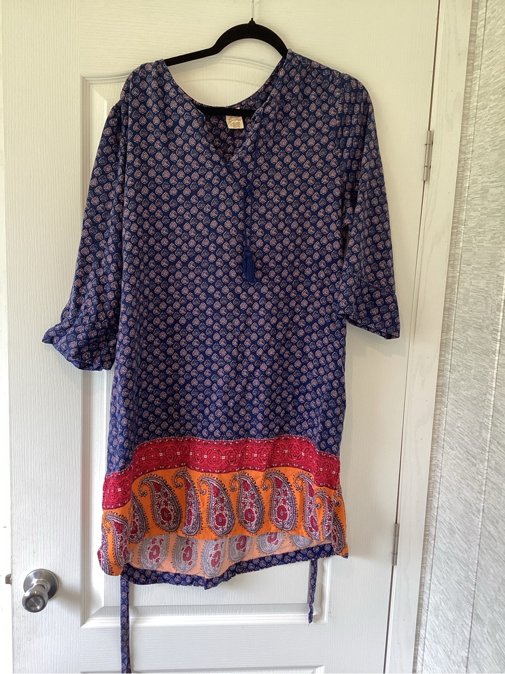 Faded Glory Blue Tunic Dress with Red and Orange Paisley Hem 2XL Euc